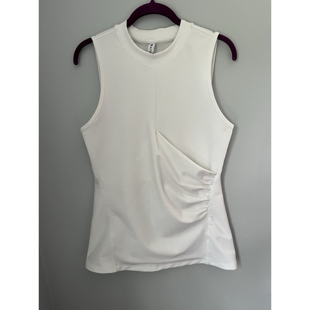 Athleta Womens Ribbed Mock Neck Sleeveless Ruched Side Tank Top white Sz M